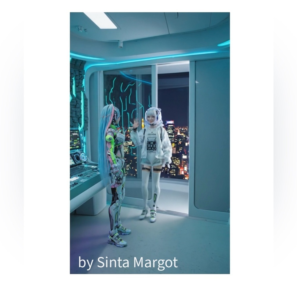 HANDCRAFTED digital art print White and Green Futuristic Robot Outfit on figures